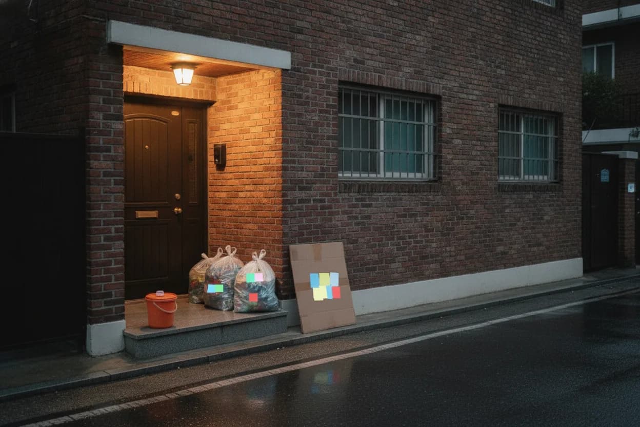 A Seoul villa entrance at dusk with an orange food-waste bucket, two white trash bags, a clear recycling bag and flattened cardboard on the doorstep